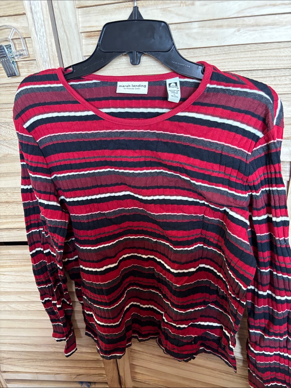 Marsh Landing Red, Black & White Striped Ribbed Long Sleeve Top Large